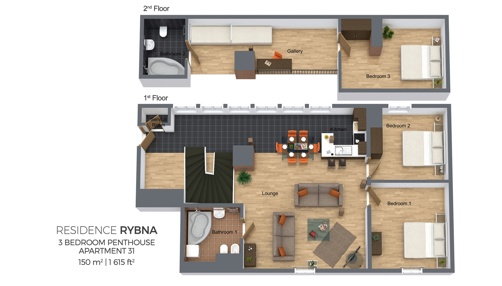 Floorplan a three bedroom duplex apartment No. 31 in Residence Rybna